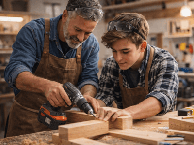 Ein Mann und ein Jugendlicher arbeiten gemeinsam in einer Holzwerkstatt, während der Mann einen Schrauber bedient und der Junge aufmerksam zuschaut.