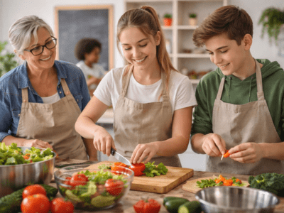 Eine Gruppe von drei Personen, darunter zwei Jugendliche und eine Erwachsene, bereitet frisches Gemüse in einer hellen Küche vor; sie schneiden gesunde Zutaten für einen Salat.