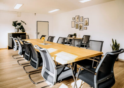 Eine moderne Besprechungsraum-Atmosphäre mit einem großen Holztisch und optimaler Beleuchtung. Stühle sind um den Tisch angeordnet, Pflanzen und Dekoration setzen Akzente.