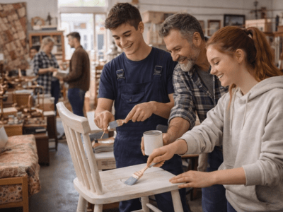Drei Personen sind in einem kreativen Workshop; ein älterer Mann und zwei Jugendliche streichen gemeinsam einen weißen Stuhl mit Pinsel und Farbe.