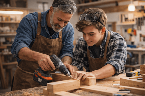 Ein älterer Mann und ein Teenager arbeiten gemeinsam an einem Holzprojekt in einer Werkstatt; sie verwenden ein elektrowerkzeug und Holzklötze.