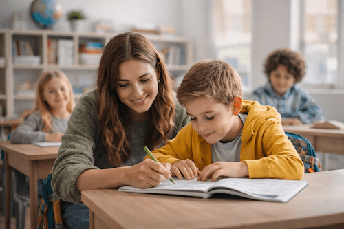 Eine Lehrerin unterstützt einen Jungen beim Schreiben in einem Buch in einem Klassenzimmer mit mehreren Schülern im Hintergrund.