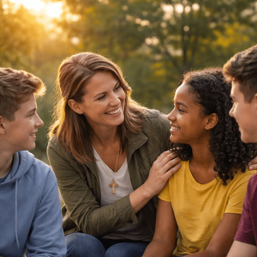Eine Frau interagiert freundlich mit drei Jugendlichen im Freien, umgeben von Bäumen und weichem, goldenem Licht der Abendsonne.