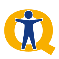 Ein stilisiertes Symbol mit einem blauen Männchen und dem Buchstaben Q in gelb, das für Barrierefreiheit steht und Inklusion symbolisiert.
