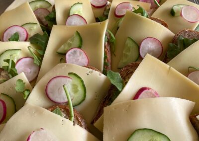Eine Vielzahl von belegten Broten mit Käse, Gurken und Radieschen; die Brote sind auf einem Blech angeordnet und bieten eine bunte Auswahl.